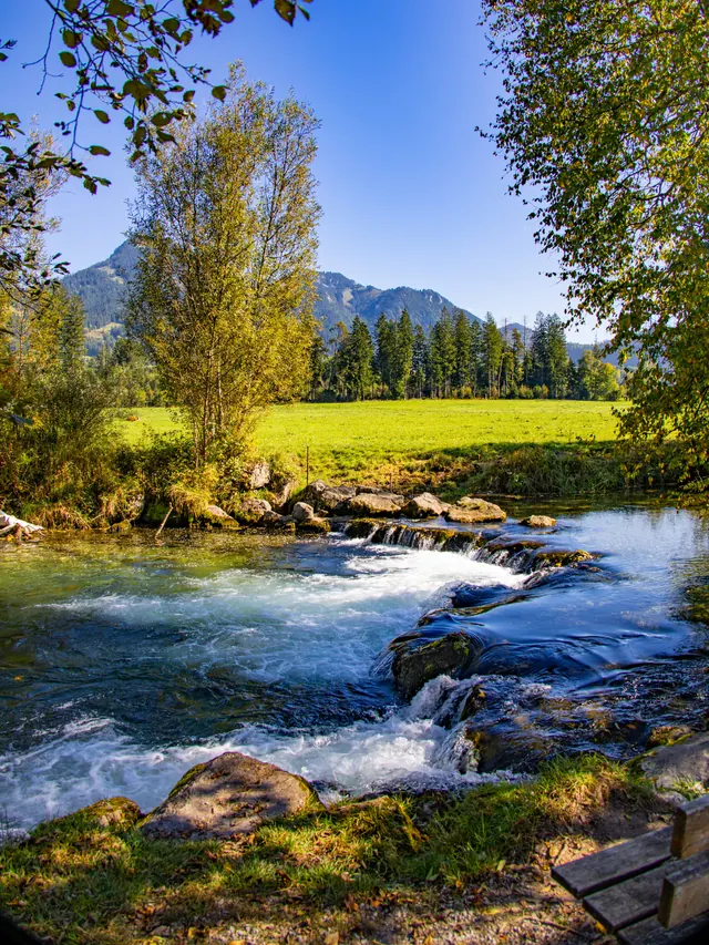 Mountain stream with rocks flowing through a green meadow below mountains